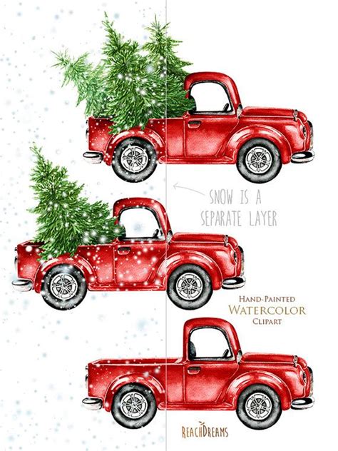 Watercolor Christmas Truck Vintage Red Pickup Pine By Reachdreams