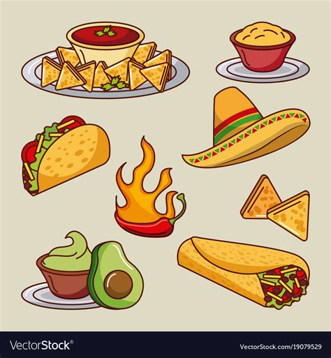 When garnished with fresh tomatoes, avocado, sour cream, and tortilla chips this is a hearty meal with a tangy and spicy finish. Mexican food set icons menu ingredients spicy Vector Image