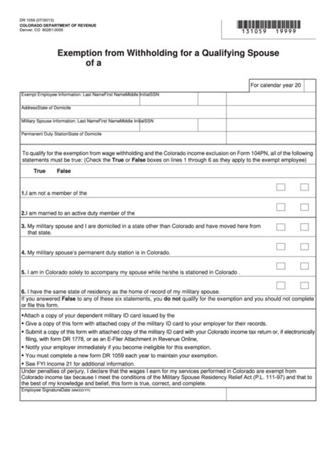 Fillable Form Dr 1059 Exemption From Withholding For A Qualifying