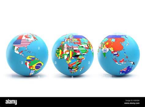 3d Rendering Of Three World Globes With Continents And Their Countries