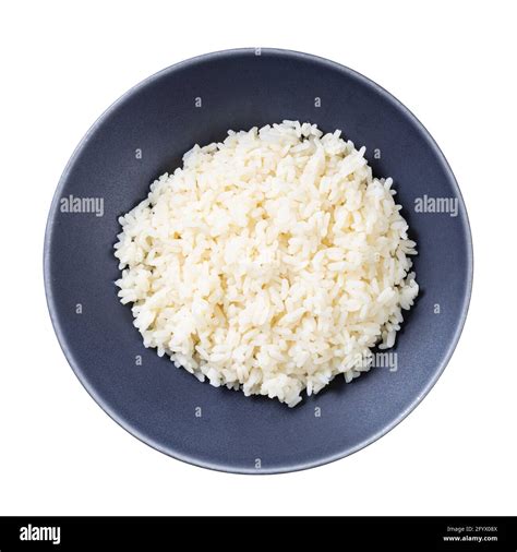 Top View Of Boiled Parboiled Rice In Gray Bowl Isolated On White
