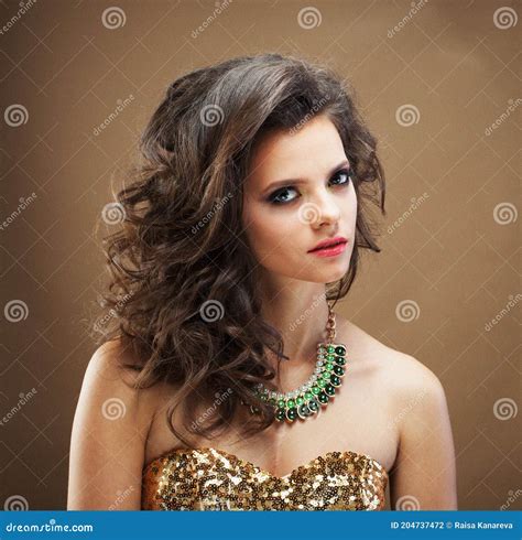 Brunette Girl With Long And Shiny Curly Hair Beautiful Model Woman With Curly Hairstyle Stock