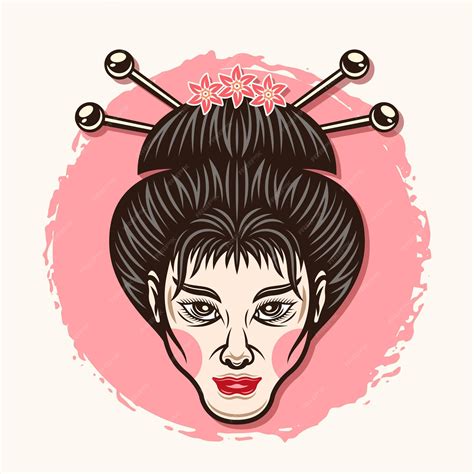 게이샤 현대 일본 어린 소녀 얼굴 벡터 다채로운 그림 전통적인 아시아 여자 초상화 프리미엄 벡터