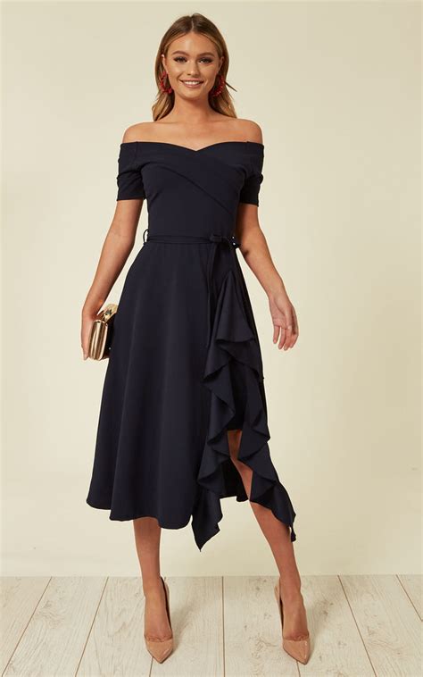 ❤️️ see more trends & collections ⤵ weddingdressesguide.com. Bardot Off Shoulder Frill Midi Dress Navy | Feverfish ...