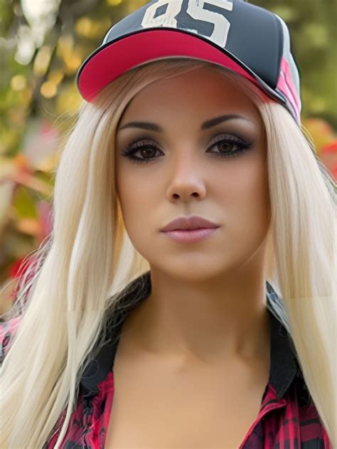A Woman With Blonde Hair Wearing A Red And Black Baseball Cap On Top Of