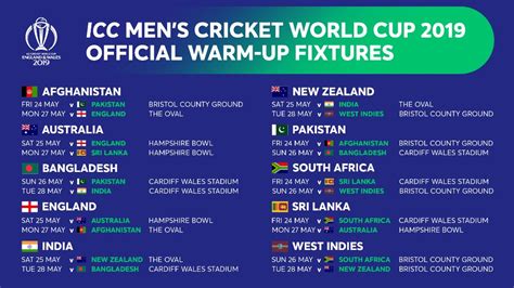 Icc Cricket World Cup 2019 Warm Up Matches Schedule And Fixtures