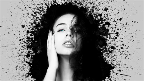 Paint Splatter Photo Manipulation Face Eyes Lips Selective Coloring Blue Eyes Open Mouth Women