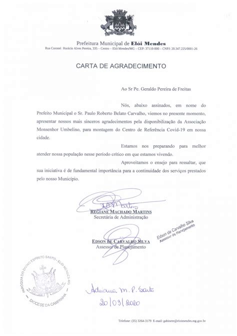 Carta De Agradecimento Prefeitura Municipal De Elói Mendes
