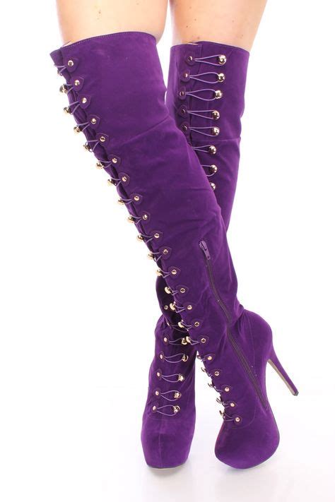 Purple Lace Up Thigh High Boots Faux Suede Thigh High Boots Thigh