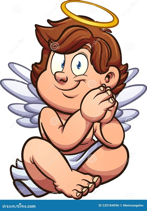 Cherub Cute Winged Curly Smiling Baby Boy Angel Set Isolated Over White