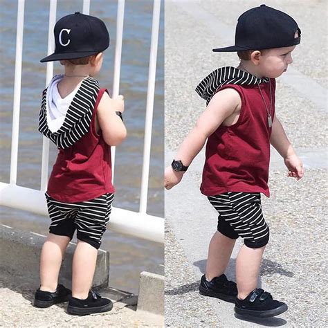 2018 Summer Baby Boy Clothes Sleeveless Hooded Tops Striped Shorts