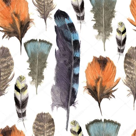 Hand Drawn Watercolor Vibrant Feather Seamless Pattern Boho Feather