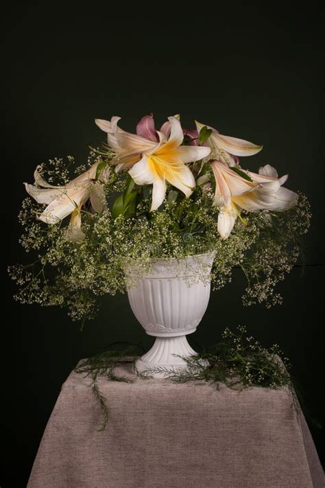 Bouquet Of White Lilies In An Old Vase Stock Image Image Of Flower