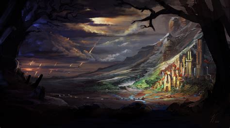 Wallpaper Digital Art Fantasy Art Trees Meteors Castle Mountains