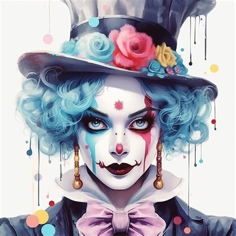Premium Ai Image Painting Of A Clown With Blue Hair And A Top Hat