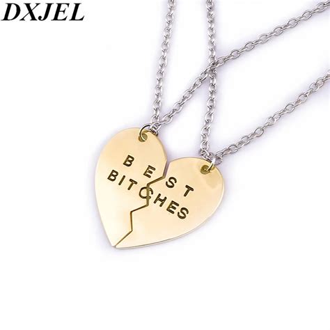 Dxjel 2pcset Best Bitches Pendant Necklace For Women Broken Heart Bff Best Friends Chain