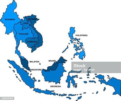 Blue Outline South East Asia Map On White Background Vector