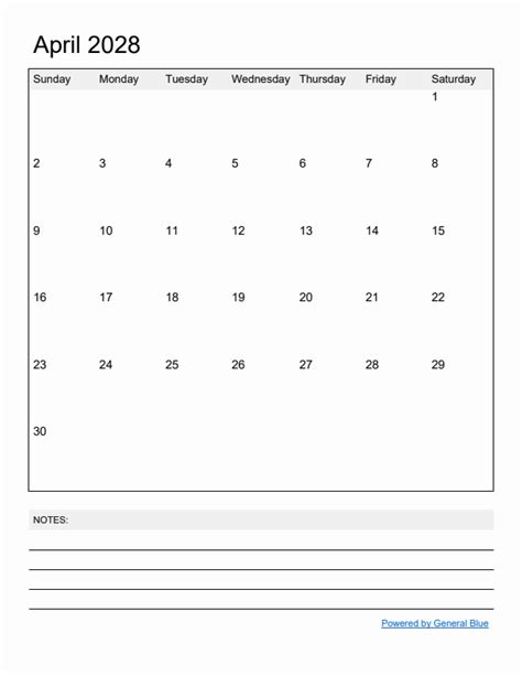 Free Printable Monthly Calendar For April 2028