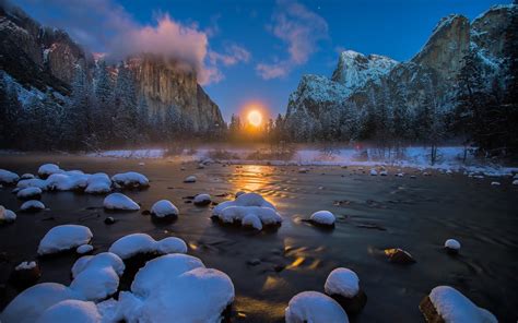 Usa Yosemite National Park River Mountains Winter Snow Sunset