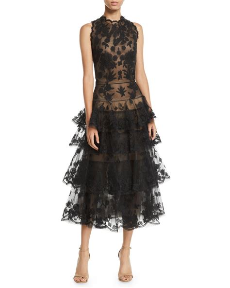 Oscar De La Renta Sleeveless Floral Embroidered Tiered Tulle Evening