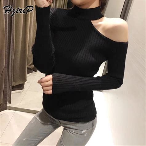 Hzirip 2018 Autumn Winter Korea Knit Sweater Turtleneck Full Sleeve Sexy Show Shoulder Sweaters