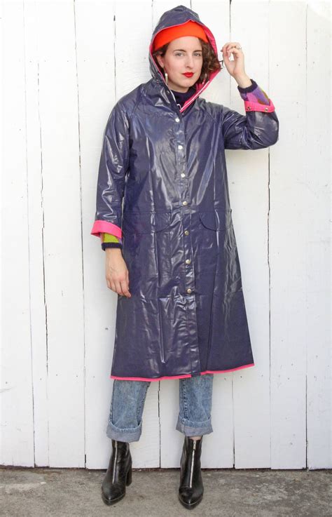 vintage 80s raincoat 80s reversible pappagallo vinyl pink etsy
