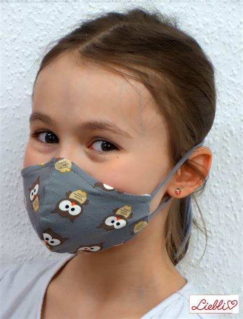 Kindermaske Kinder Mundschutz Mund Nasen Maske Eule Grau Liebli