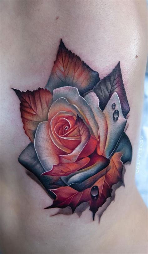 Rose And Fall Leaves Tattoo © Tattoo Artist Andres Acosta 💙🌹💙🌹💙🌹💙🌹💙