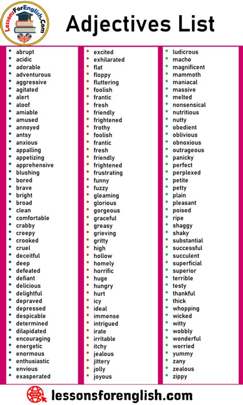 Adjectives List Adjectives Vocabulary Word List Lessons For English