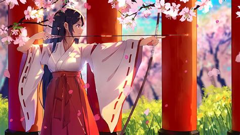 Hd Wallpaper Cherry Blossom Miko Anime Girls Japanese Kimono Bow