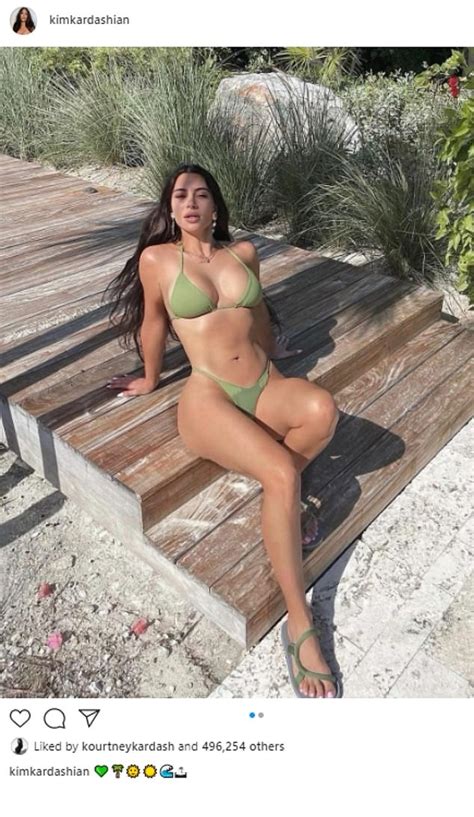 kim kardashian puts her assets on display in a green bikini from tropical turks and caicos