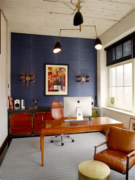 Eclectic Office With Blue Grasscloth Wallpaper And Johnny Cash Art Hgtv