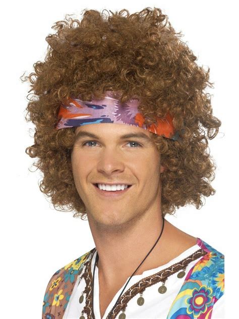 W535 Brown Hippie Afro Curly Wig Hippy 1960s 1970s Costume Hair