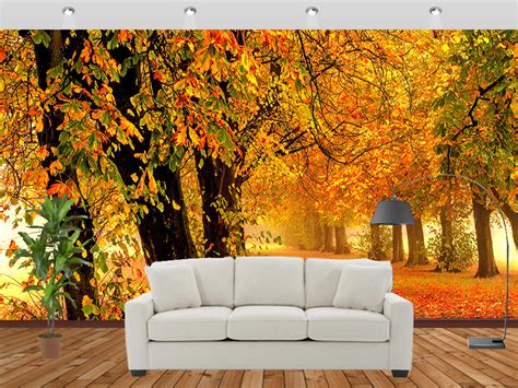 Autumn Forest Park Leaves Wall Mural Forest Wallpaper Printed Walls
