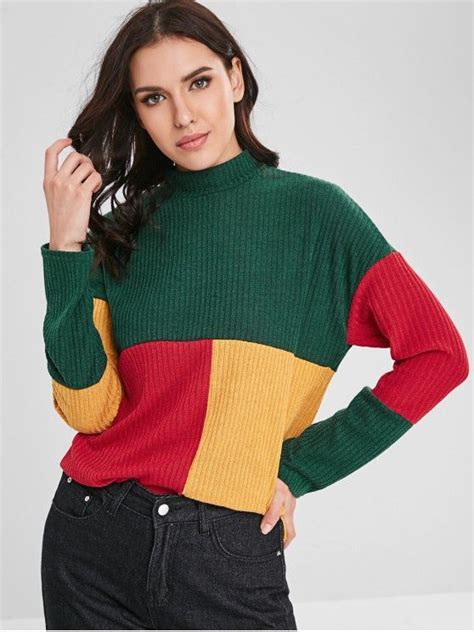 24 Off 2021 Color Block Mock Neck Ribbed Thin Sweater In Multi Zaful