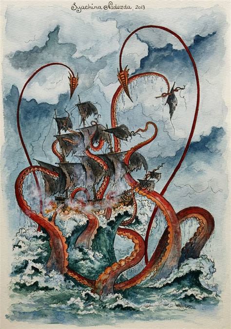 Attack Of The Kraken Drawing By Nadezda Syachina Kraken Art Kraken