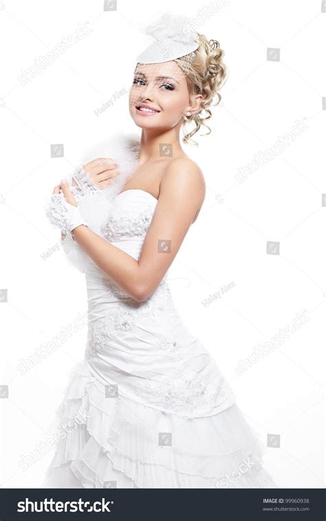 Happy Smiling Beautiful Bride Blond Girl In White Wedding Dress With