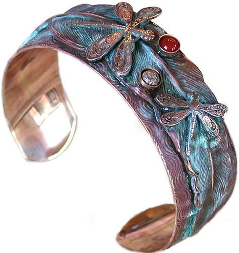 Elaine Coyne Dragonflies On Feather Wearable Art Cuff Bracelet Semi