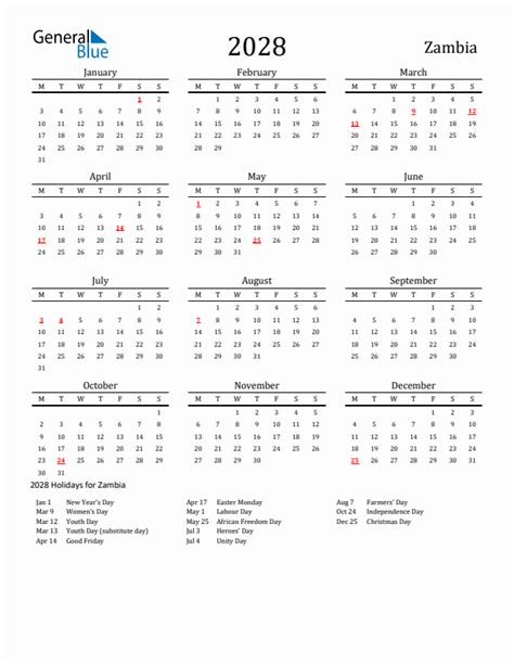 2028 Zambia Calendar With Holidays