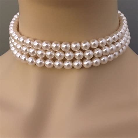 Pearl Choker Necklace Set With Pearl Stud Earrings Strands Etsy Pearl Choker Wedding