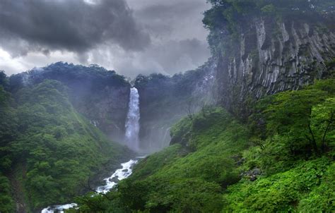 Free Wallpapers Waterfall Rock Jungle Sky Clouds
