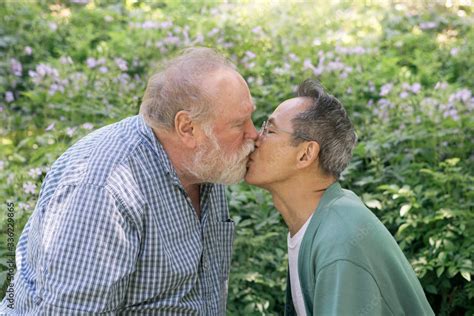 Senior Gay Couple Kissing In A Park Stock Photo Adobe Stock