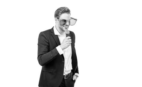 Premium Photo Speaking In Public Speaker In Funny Glasses Speak To Microphone Business Speaker