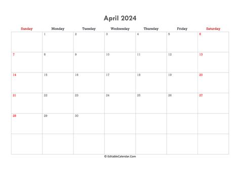 Download Editable Calendar April 2024 Word Version