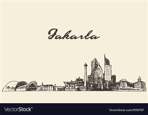 Jakarta Skyline Vintage Drawn Sketch Royalty Free Vector