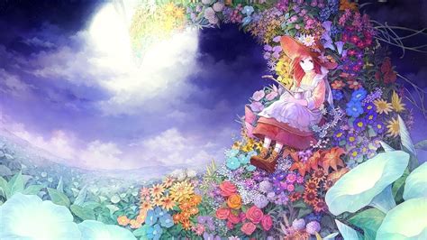 Wallpaper Flowers Anime Girls Looking At Viewer Sky Hat Sitting Clouds Original
