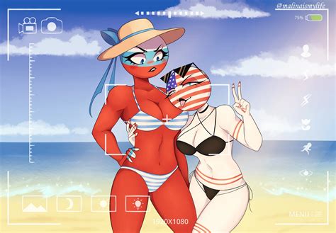 Rule 34 2girls Beach Bikini Blush Clothing Countryhumans Female Female On Top Female Only Red