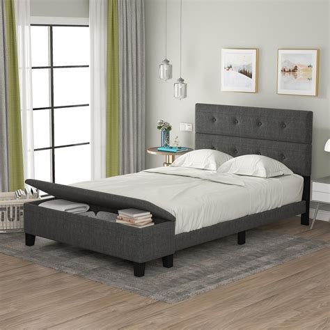 Full Size Upholstered Platform Bed Frame With Storage Case Modern Fabric Wood Bed With