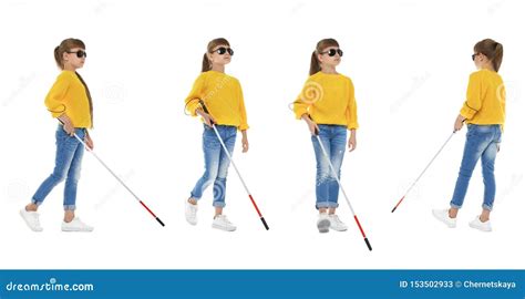 Set Of Blind Girl With Long Cane Walking Stock Image Image Of