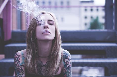 Wallpaper Women Model Blonde Nose Rings Closed Eyes Smoke Smoking Tattoo Blue Fashion